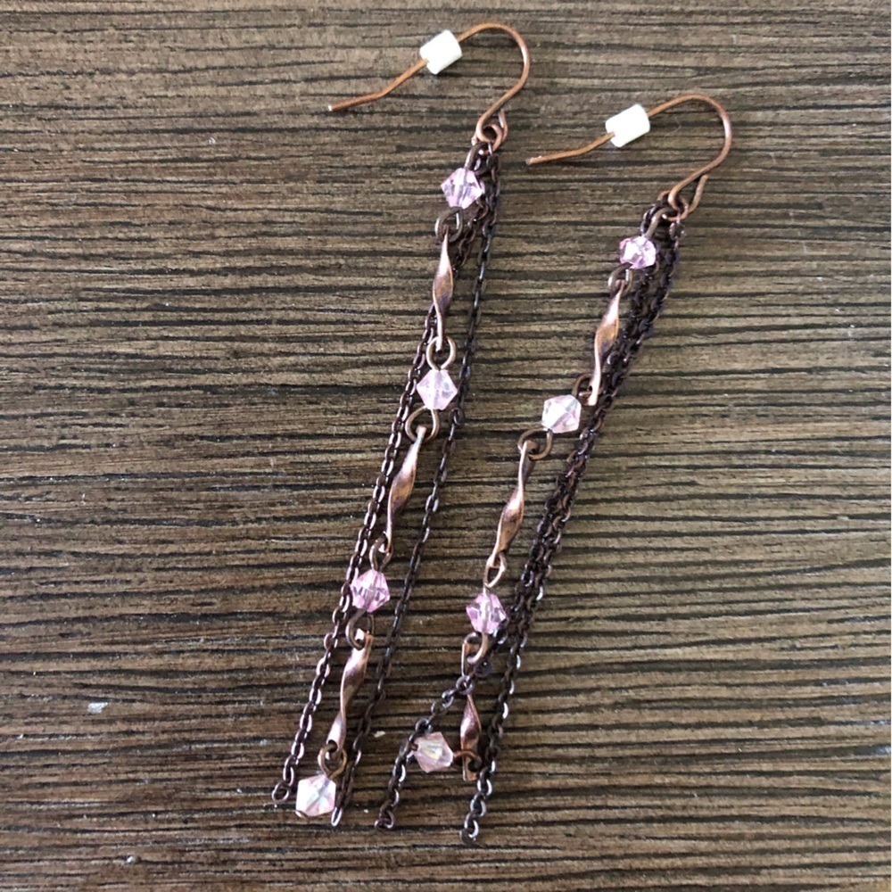 Pink and rose gold metal dangle fishhook earrings
